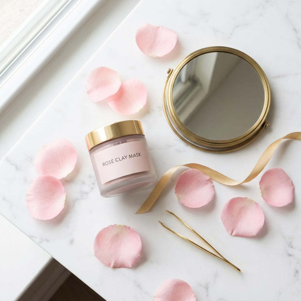 Luxurious spa flatlay featuring rose clay mask, golden mirror, pink petals, and gold ribbon on marble surface.